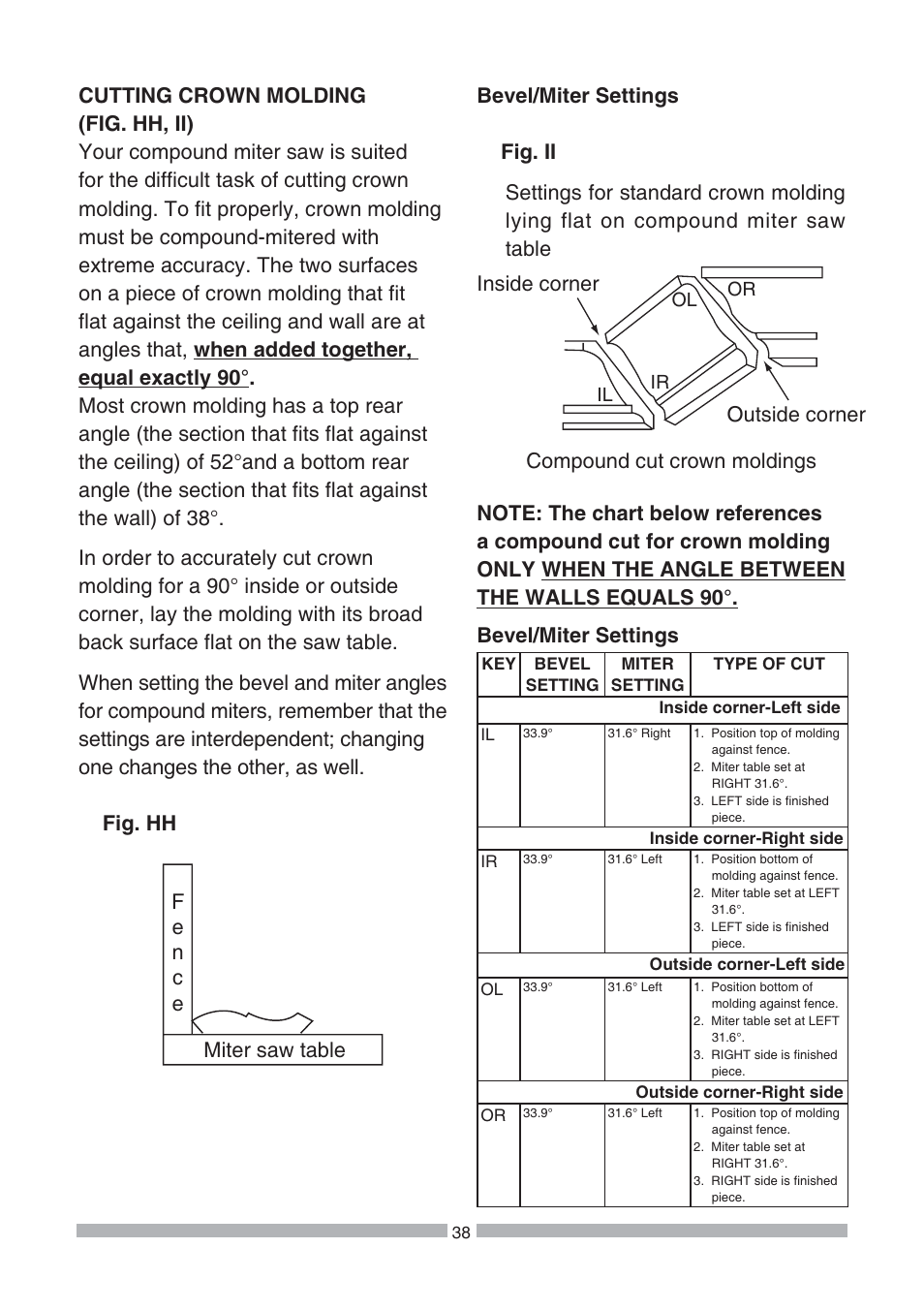 Bevel/miter settings | Craftsman 137.21239 User Manual | Page 38 / 50