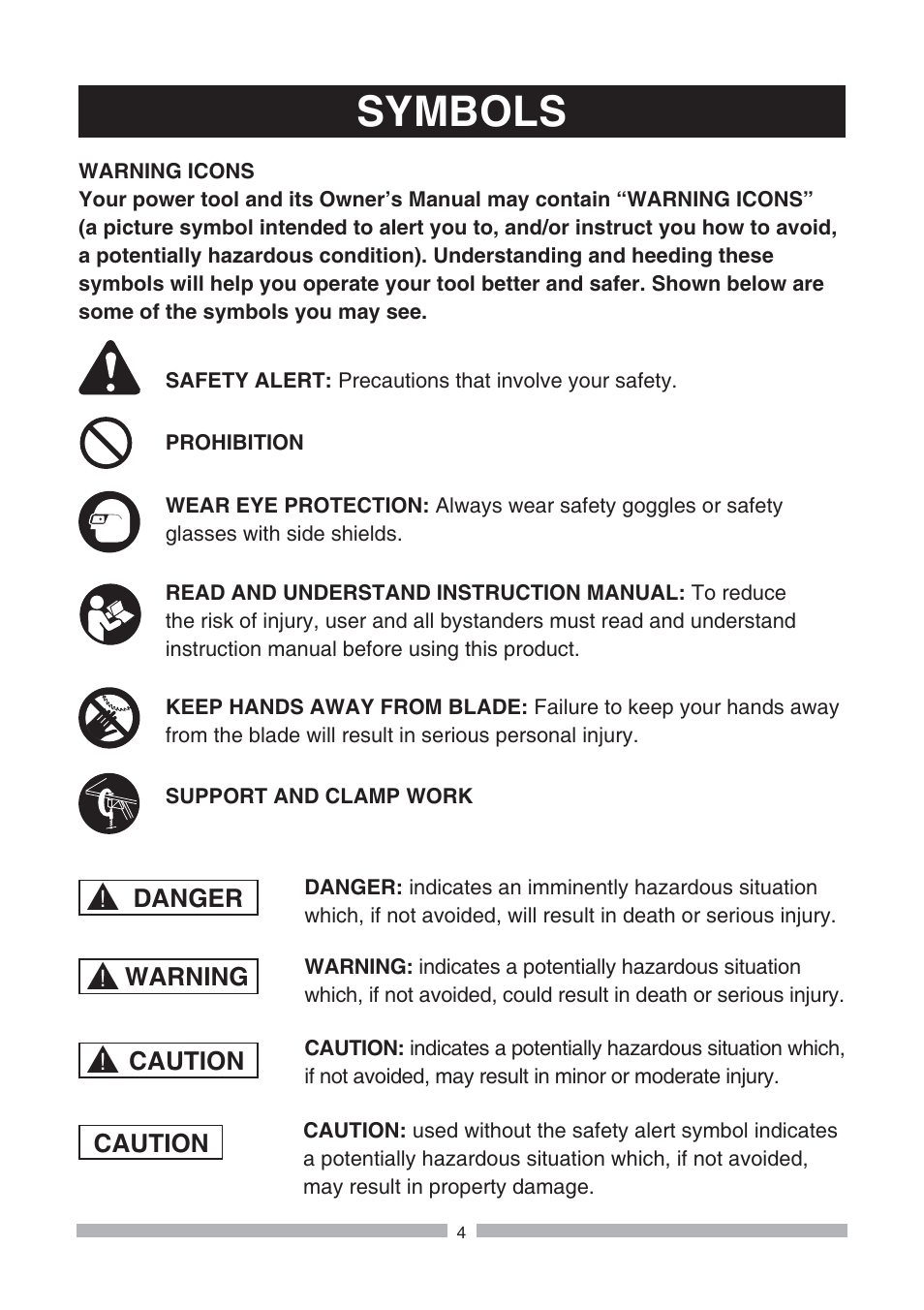 Symbols | Craftsman 137.21239 User Manual | Page 4 / 50