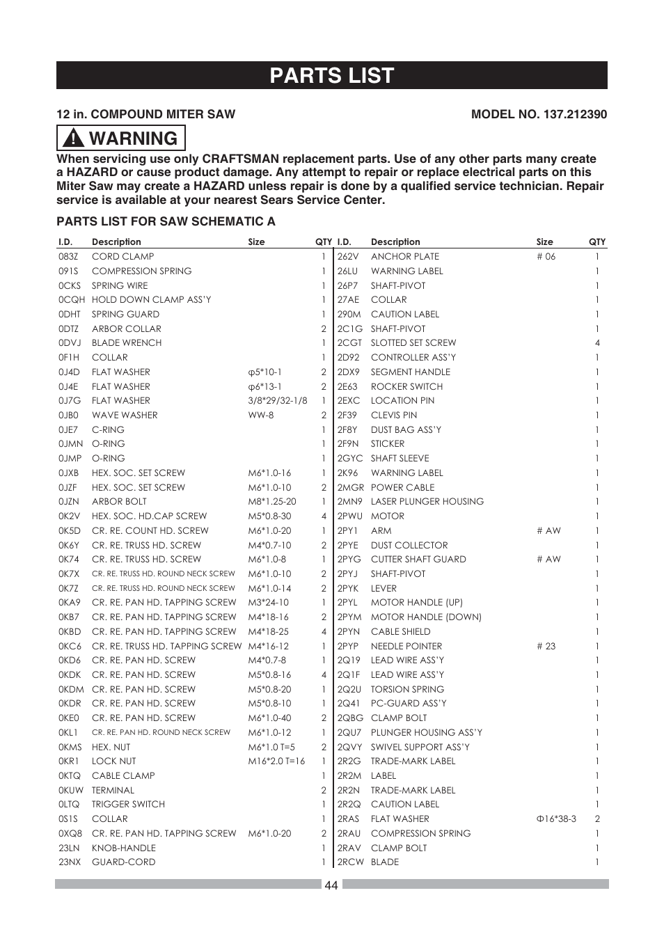 Parts list, Warning | Craftsman 137.21239 User Manual | Page 44 / 50