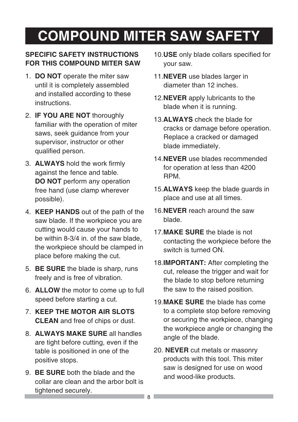 Compound miter saw safety | Craftsman 137.21239 User Manual | Page 8 / 50