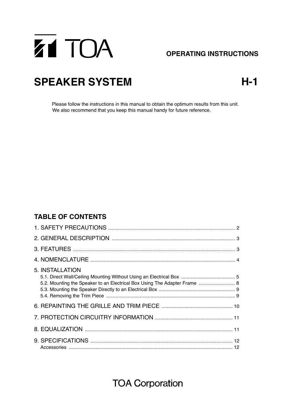 Toa H-1 User Manual | 12 pages