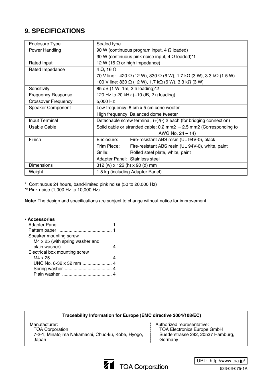 Specifications | Toa H-1 User Manual | Page 12 / 12