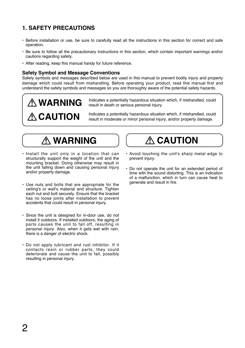 Warning, Warning caution caution | Toa H-1 User Manual | Page 2 / 12