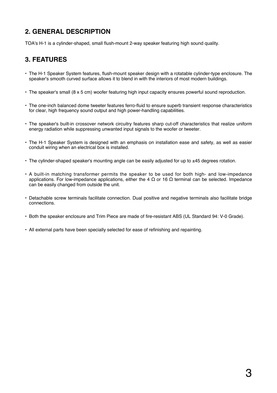 General description, Features | Toa H-1 User Manual | Page 3 / 12