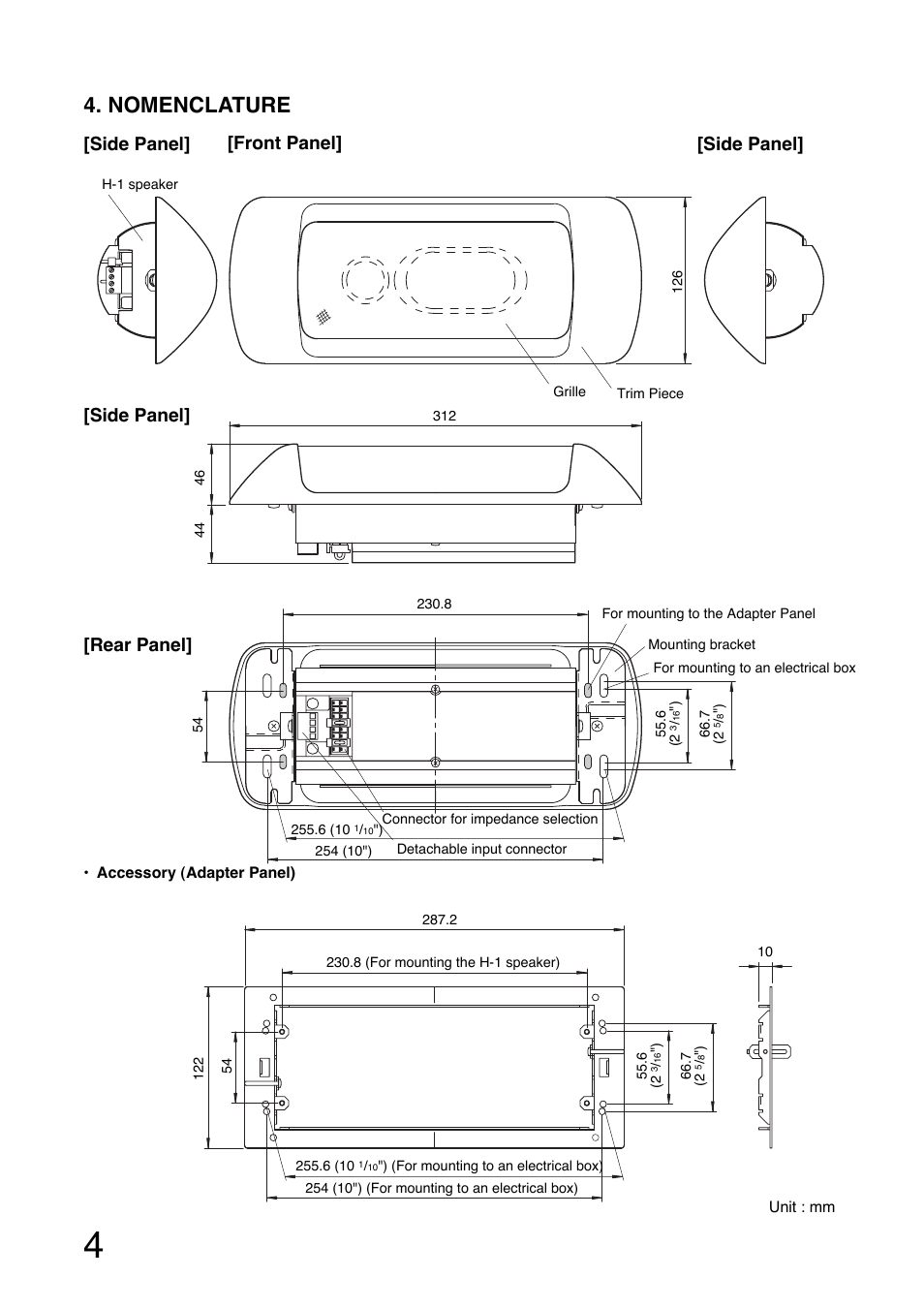 Nomenclature, Side panel, Side panel] [front panel] [side panel] [rear panel | Toa H-1 User Manual | Page 4 / 12