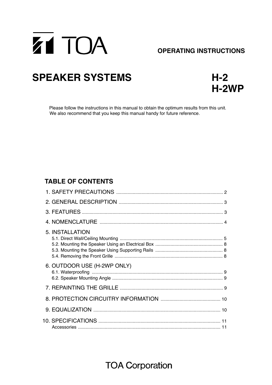 Toa H-2WP User Manual | 12 pages