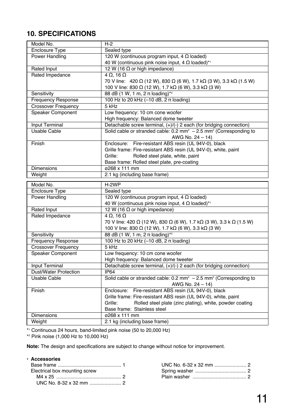 Specifications | Toa H-2WP User Manual | Page 11 / 12