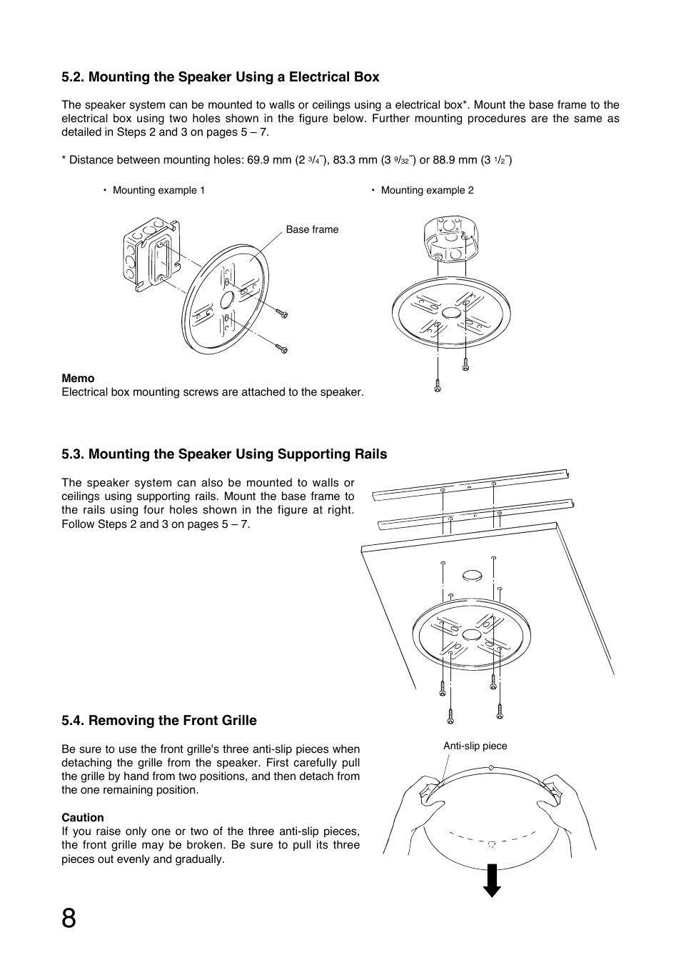 Removing the front grille, Mounting the speaker using supporting rails, Mounting the speaker using a electrical box | Toa H-2WP User Manual | Page 8 / 12