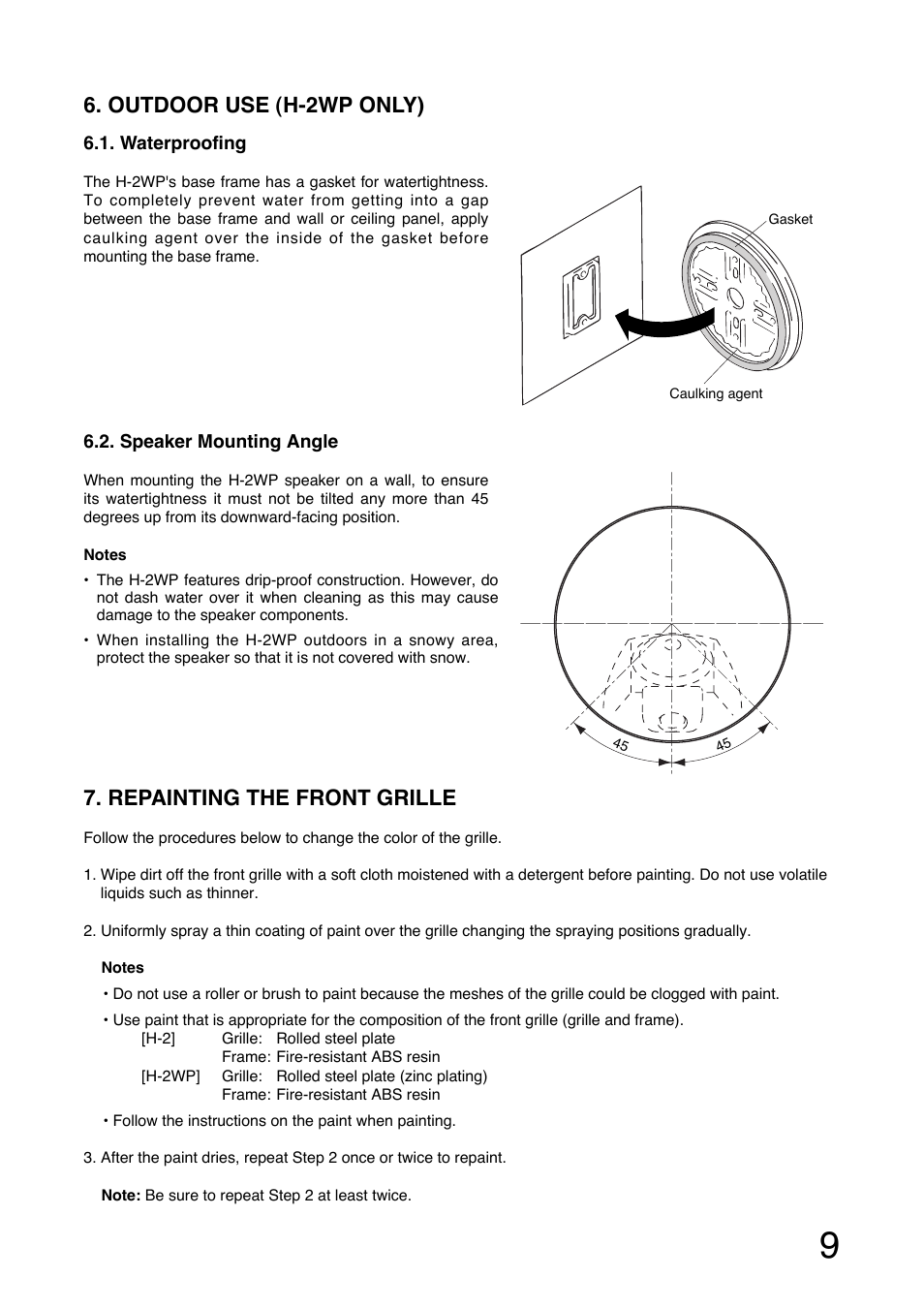 Outdoor use (h-2wp only), Repainting the front grille | Toa H-2WP User Manual | Page 9 / 12