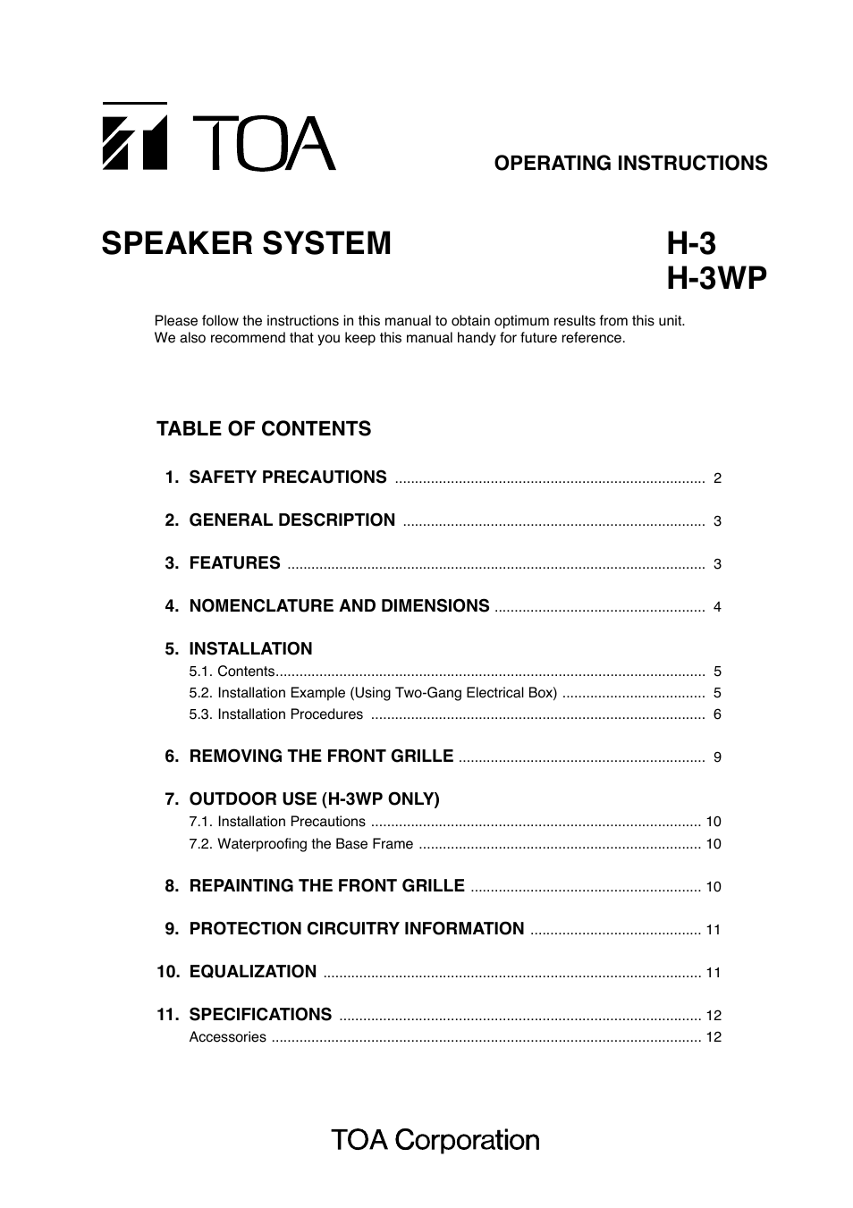 Toa H-3WP User Manual | 12 pages