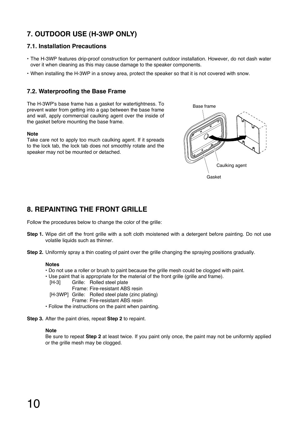 Outdoor use (h-3wp only), Repainting the front grille | Toa H-3WP User Manual | Page 10 / 12