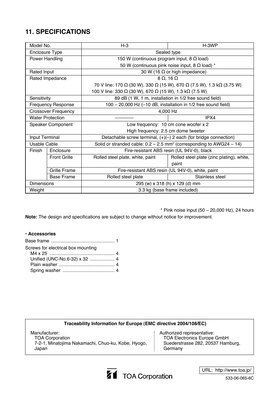 Specifications | Toa H-3WP User Manual | Page 12 / 12