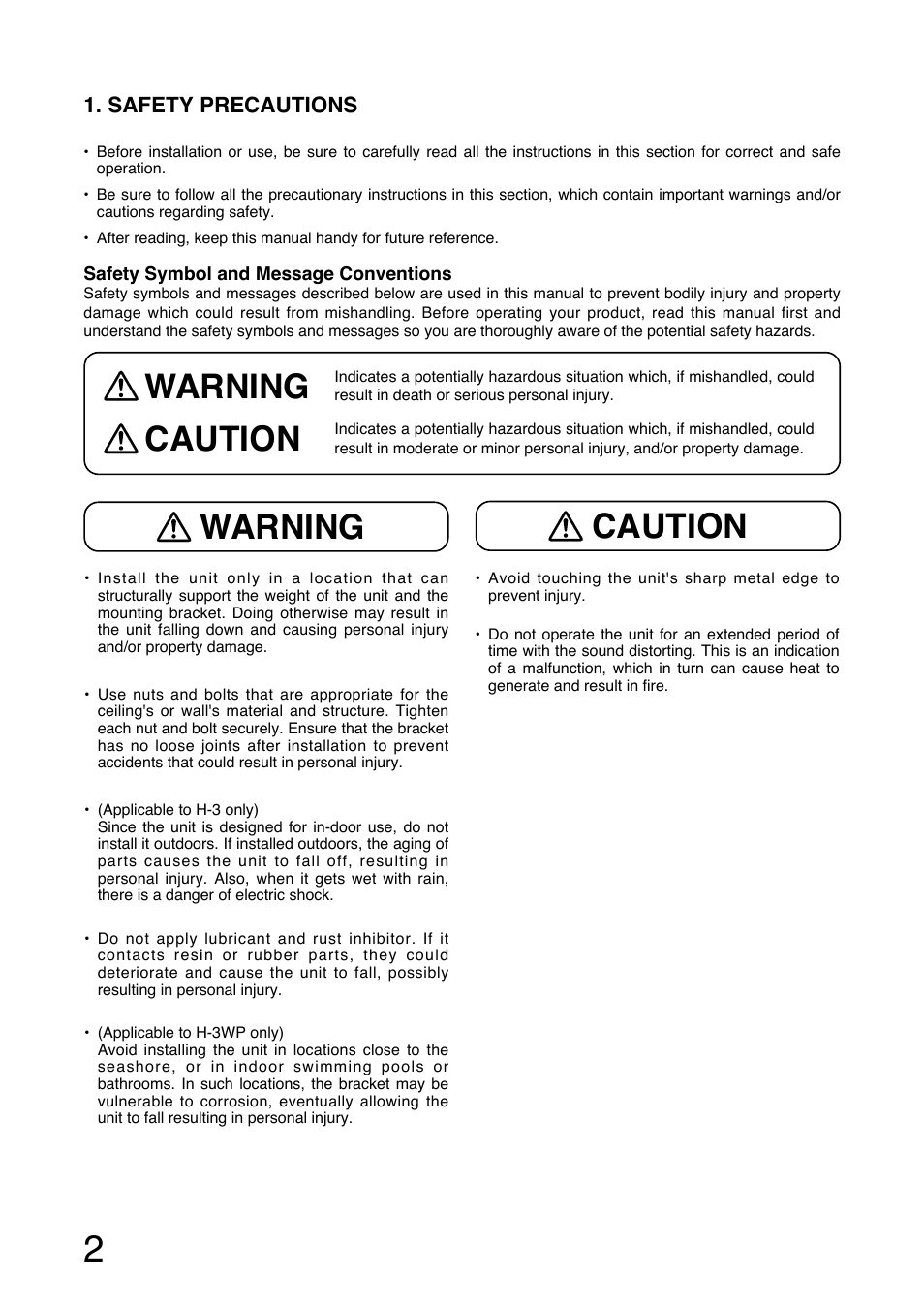 Warning, Warning caution caution | Toa H-3WP User Manual | Page 2 / 12
