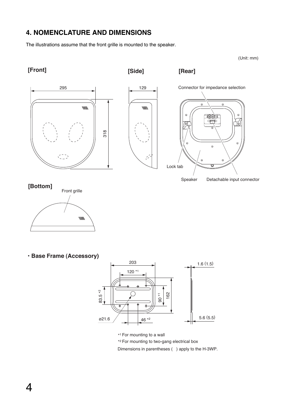 Nomenclature and dimensions, Front] [bottom] [side] [rear, Base frame (accessory) | Toa H-3WP User Manual | Page 4 / 12