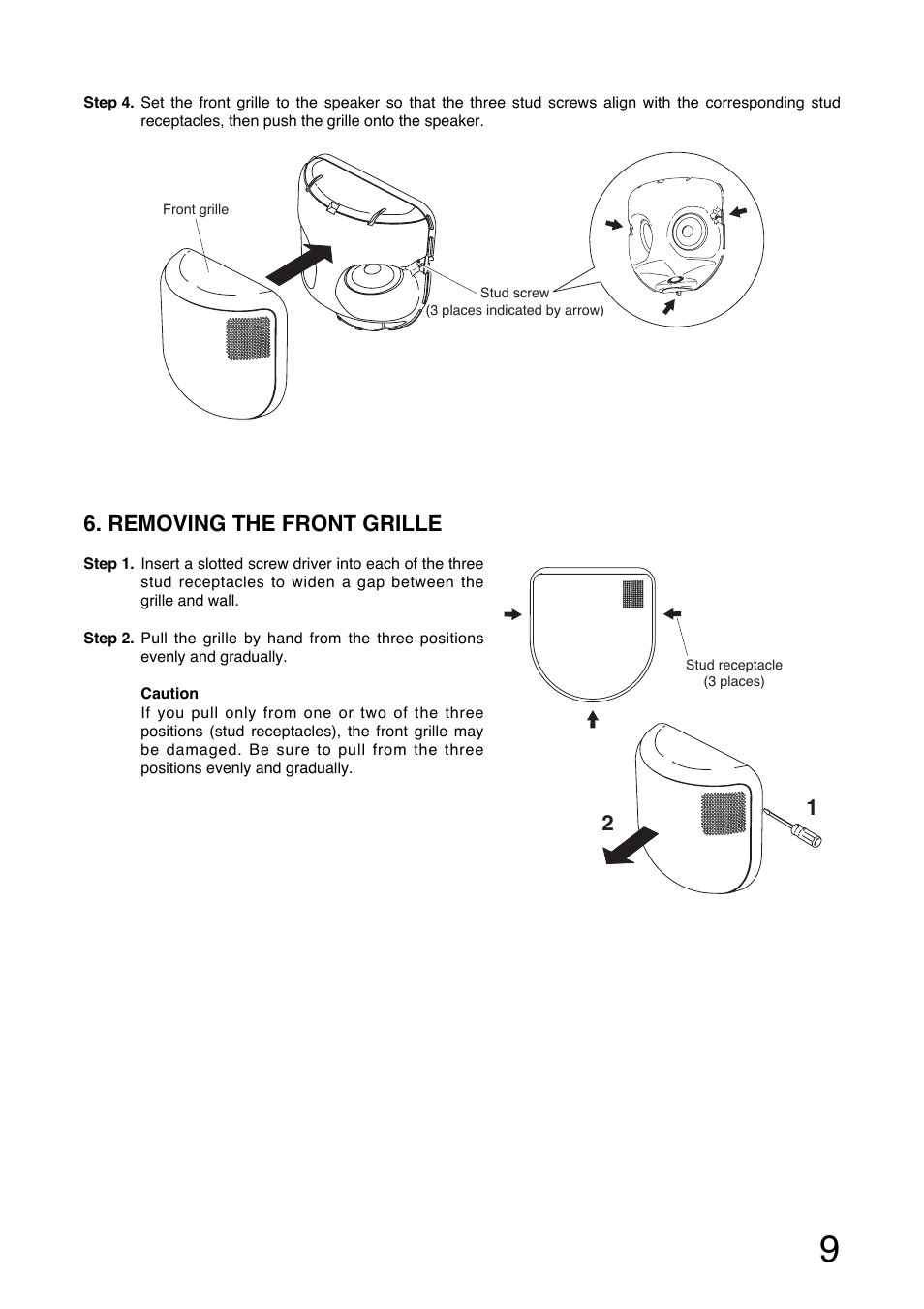 Removing the front grille | Toa H-3WP User Manual | Page 9 / 12