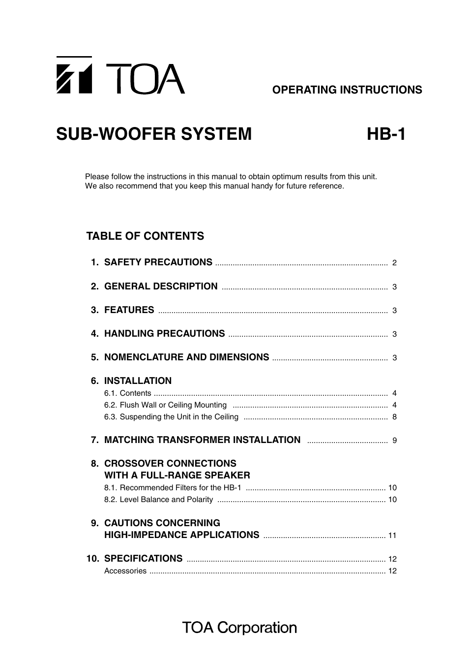 Toa HB-1 User Manual | 12 pages