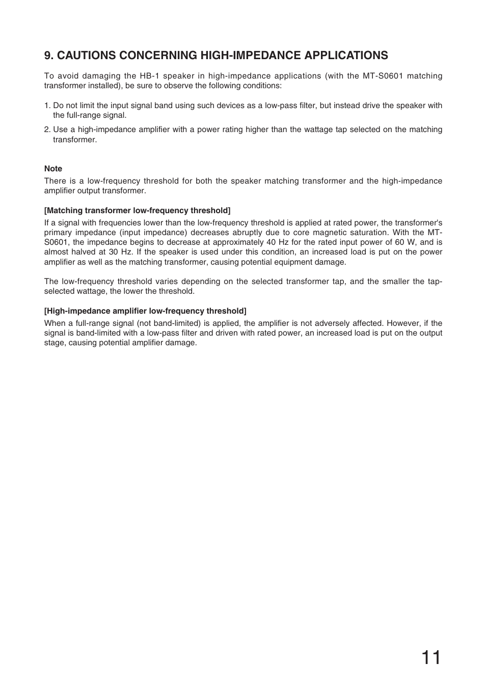 Cautions concerning high-impedance applications | Toa HB-1 User Manual | Page 11 / 12