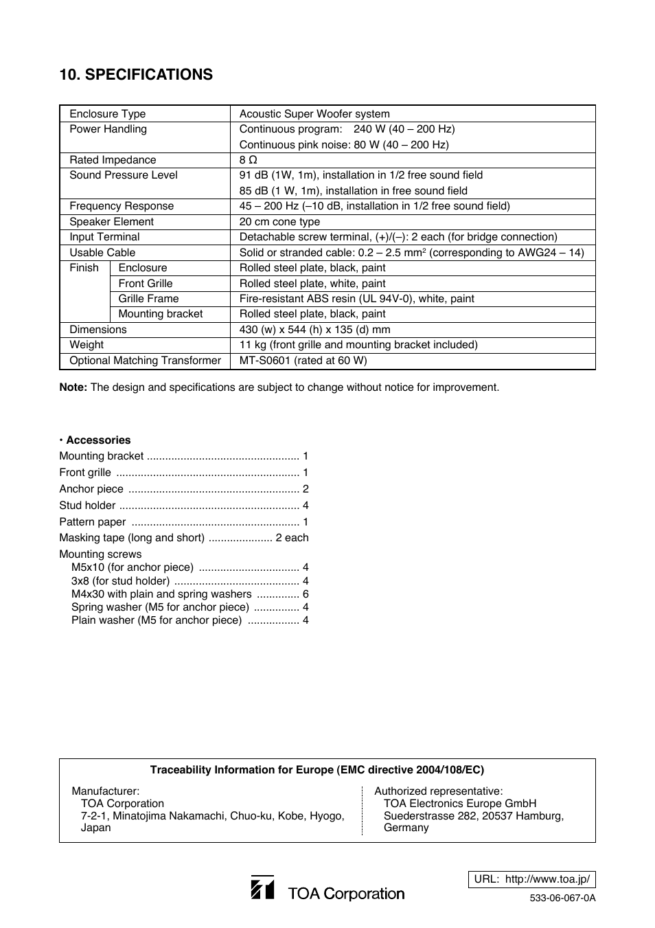 Specifications | Toa HB-1 User Manual | Page 12 / 12