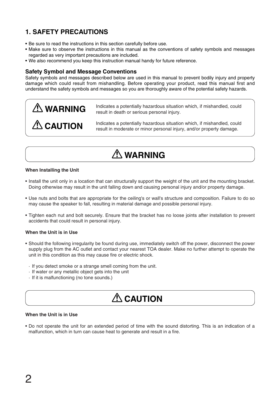 Warning, Caution warning caution | Toa HB-1 User Manual | Page 2 / 12