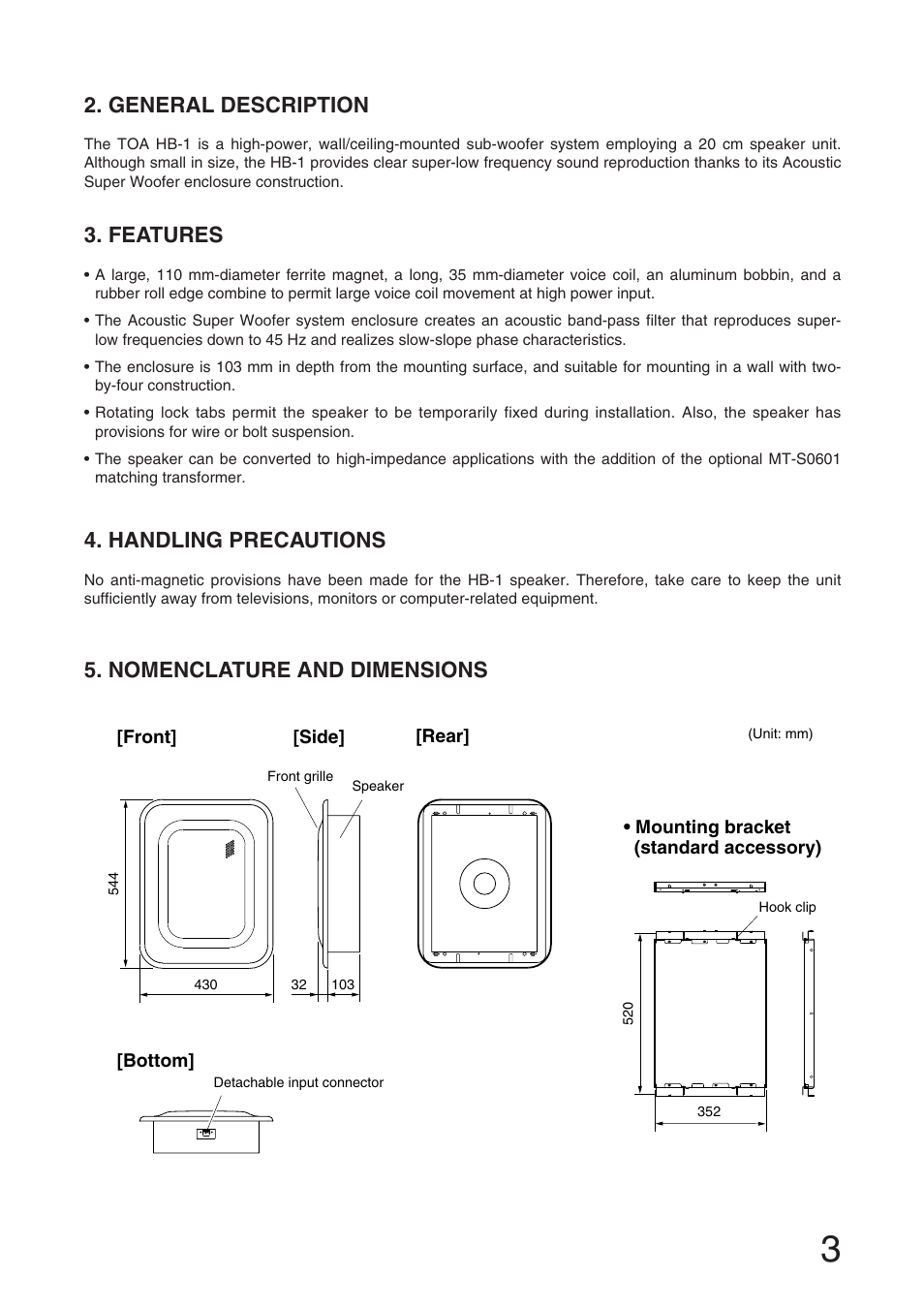 General description, Features, Handling precautions | Nomenclature and dimensions | Toa HB-1 User Manual | Page 3 / 12