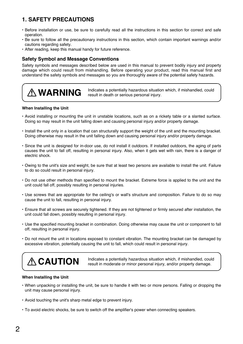 Warning, Caution, Safety precautions | Toa HS-1500WT User Manual | Page 2 / 8