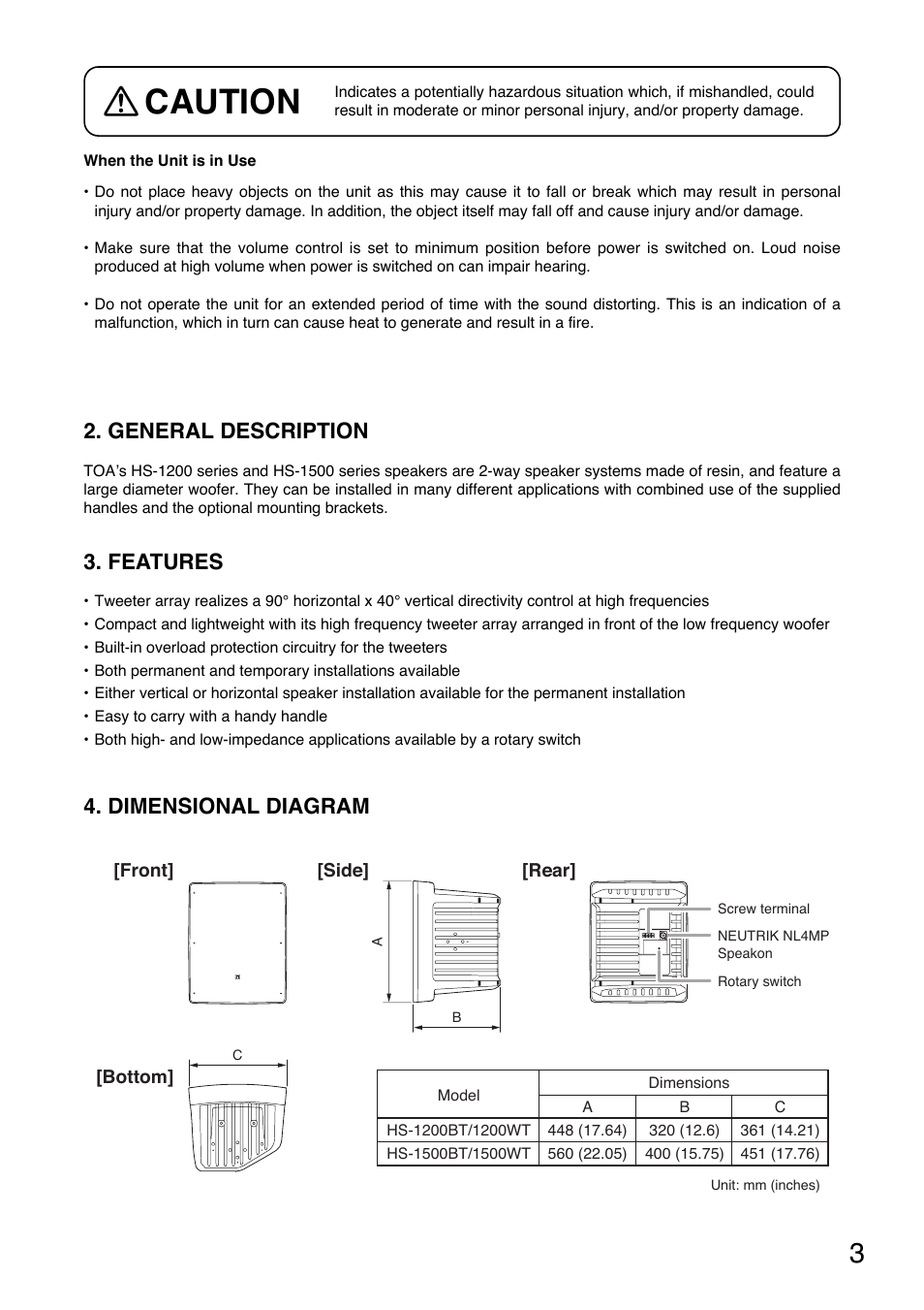 Caution, General description, Features | Dimensional diagram | Toa HS-1500WT User Manual | Page 3 / 8