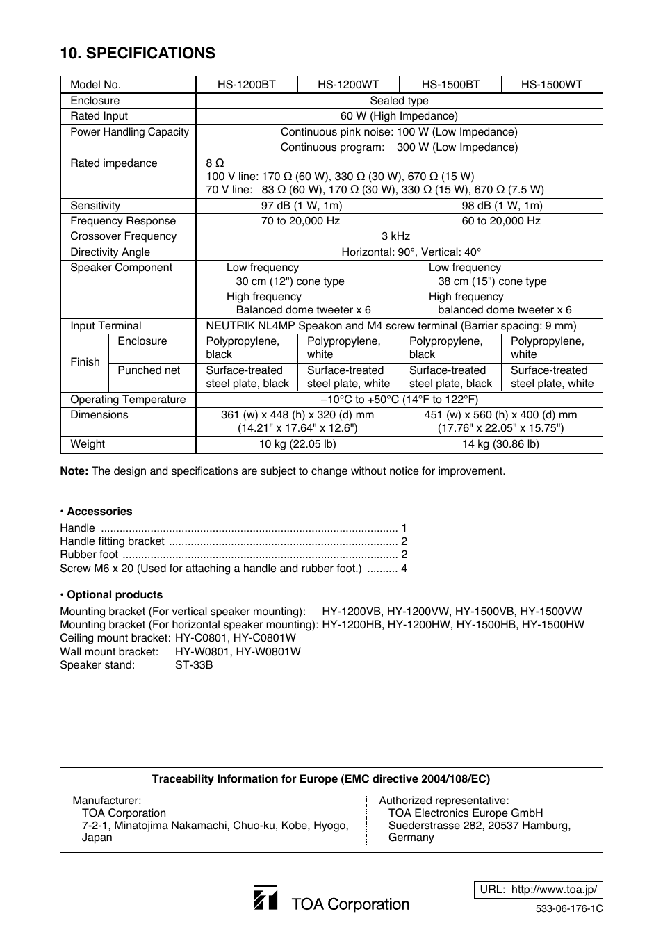 Specifications | Toa HS-1500WT User Manual | Page 8 / 8