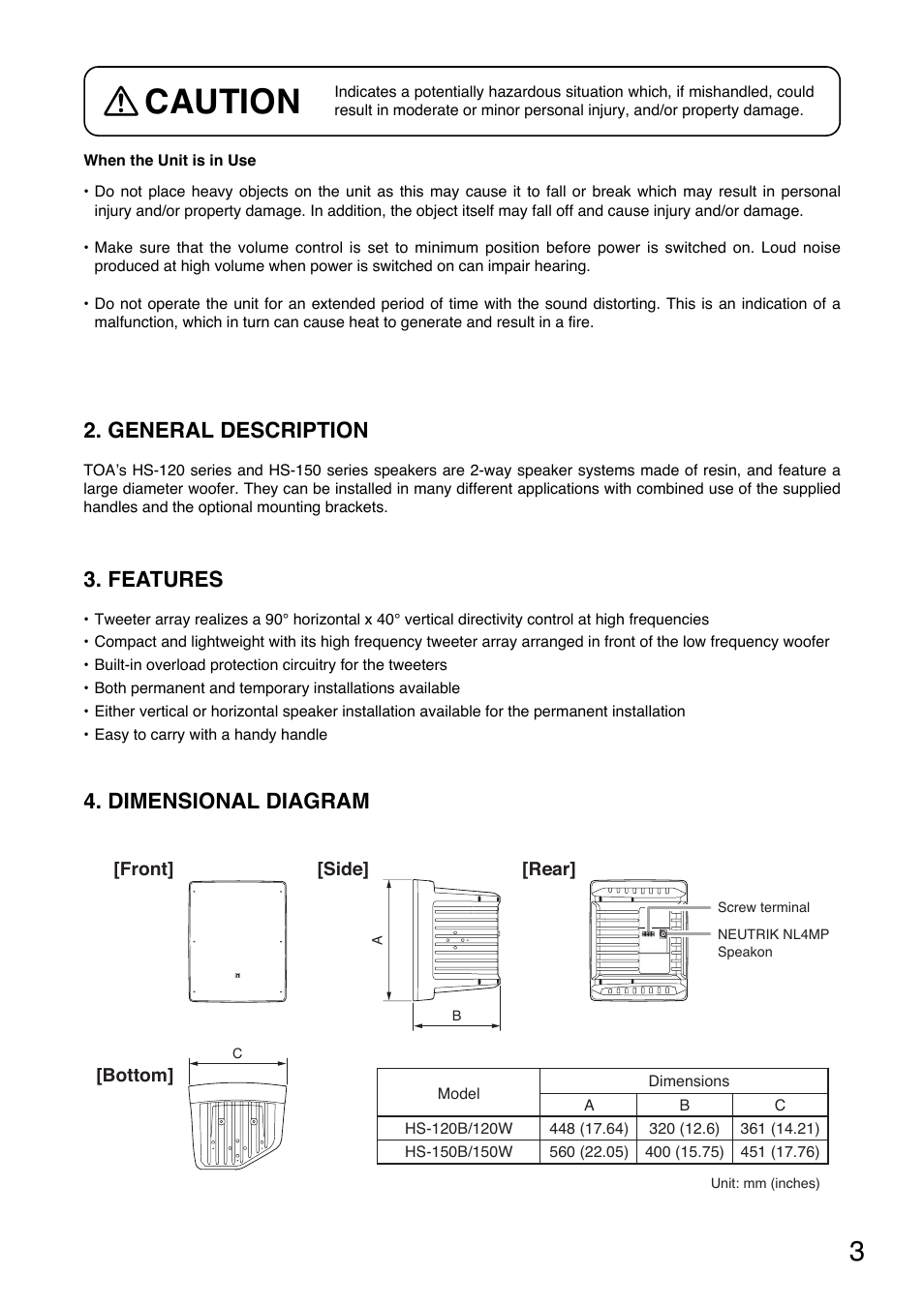 Caution, General description, Features | Dimensional diagram | Toa HS-150W User Manual | Page 3 / 8