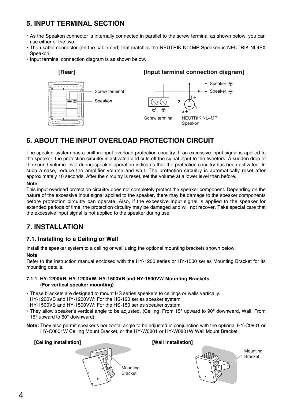 About the input overload protection circuit, Installation | Toa HS-150W User Manual | Page 4 / 8