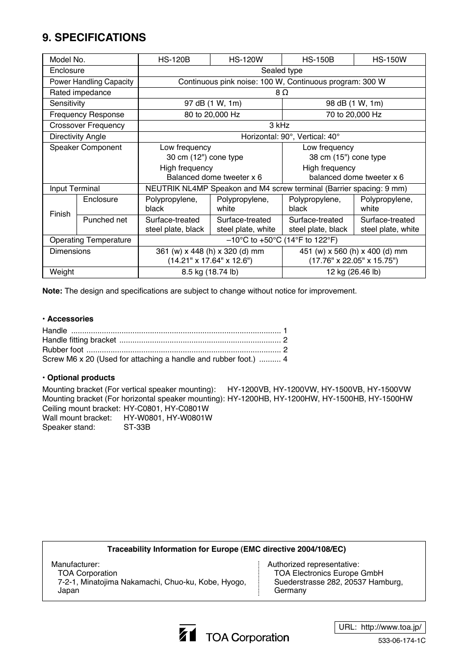 Specifications | Toa HS-150W User Manual | Page 8 / 8