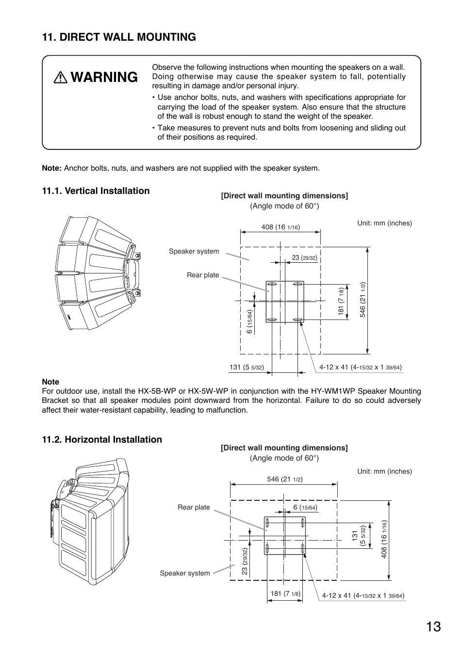 Warning, Direct wall mounting | Toa HX-5W-WP User Manual | Page 13 / 16