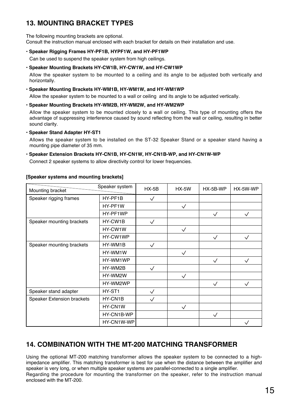Mounting bracket types, Combination with the mt-200 matching transformer | Toa HX-5W-WP User Manual | Page 15 / 16