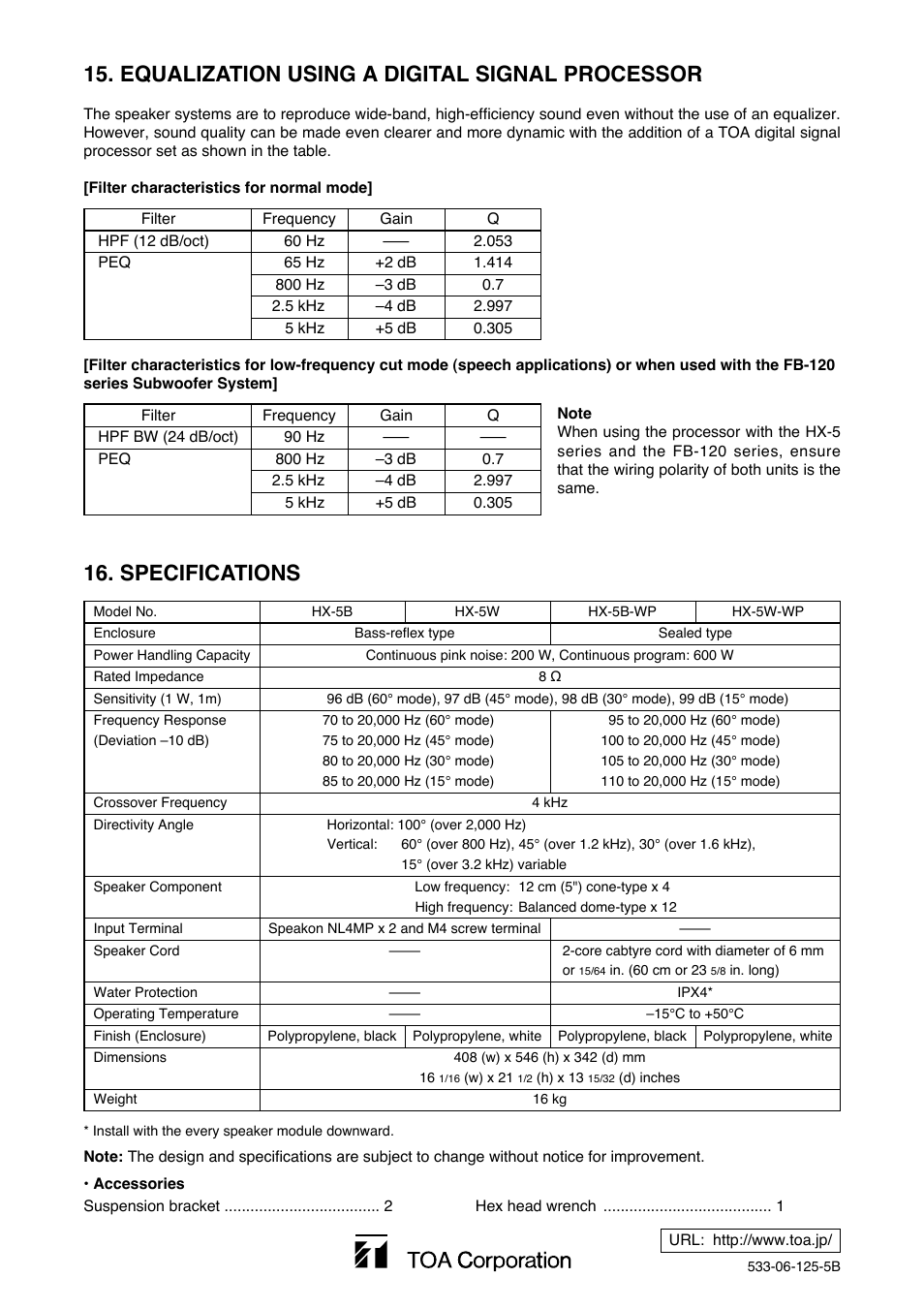 Specifications, Equalization using a digital signal processor | Toa HX-5W-WP User Manual | Page 16 / 16
