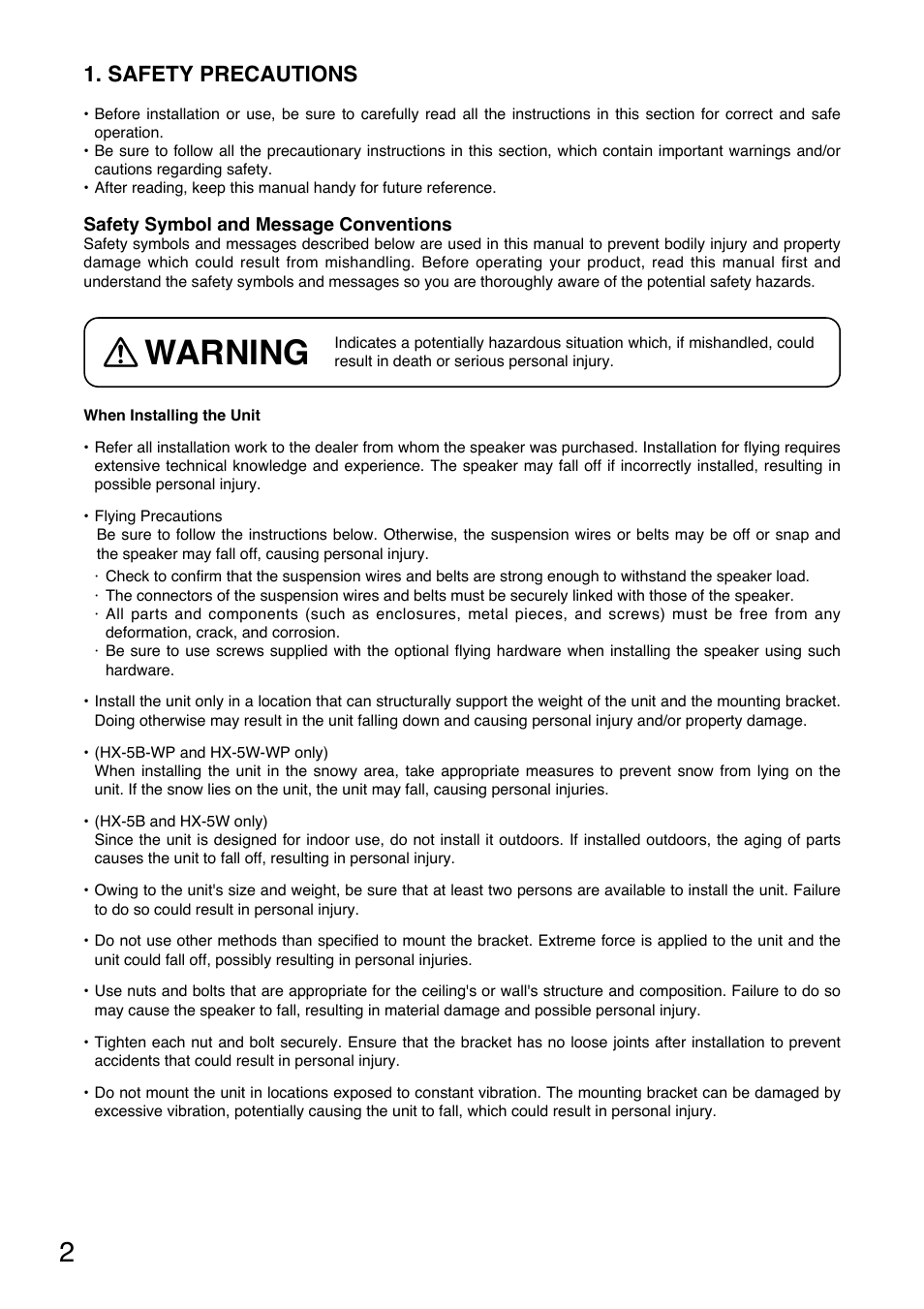 Warning, Safety precautions | Toa HX-5W-WP User Manual | Page 2 / 16
