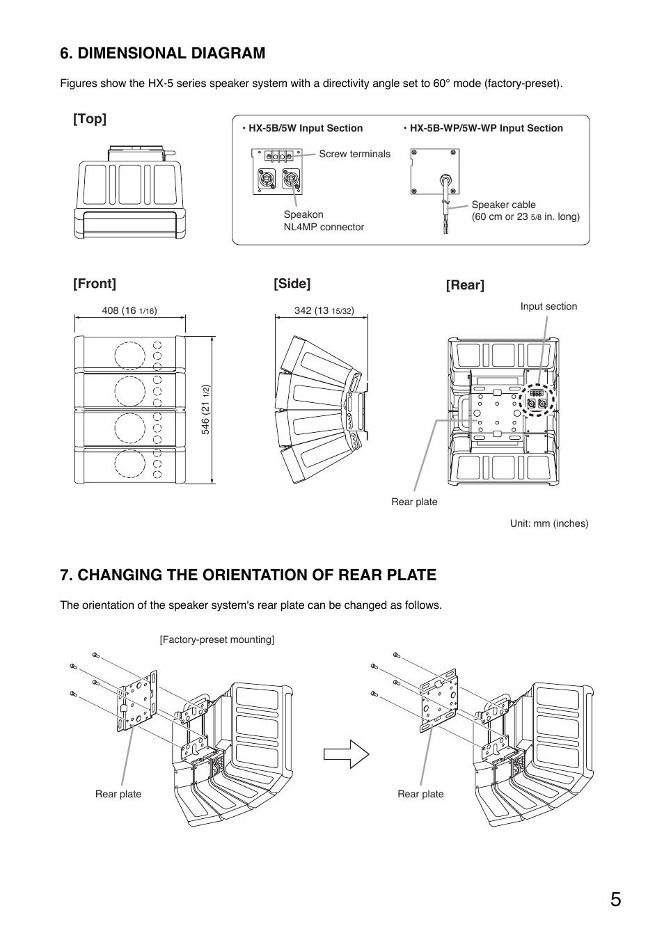 Dimensional diagram, Changing the orientation of rear plate, Top] [front | Side] [rear | Toa HX-5W-WP User Manual | Page 5 / 16