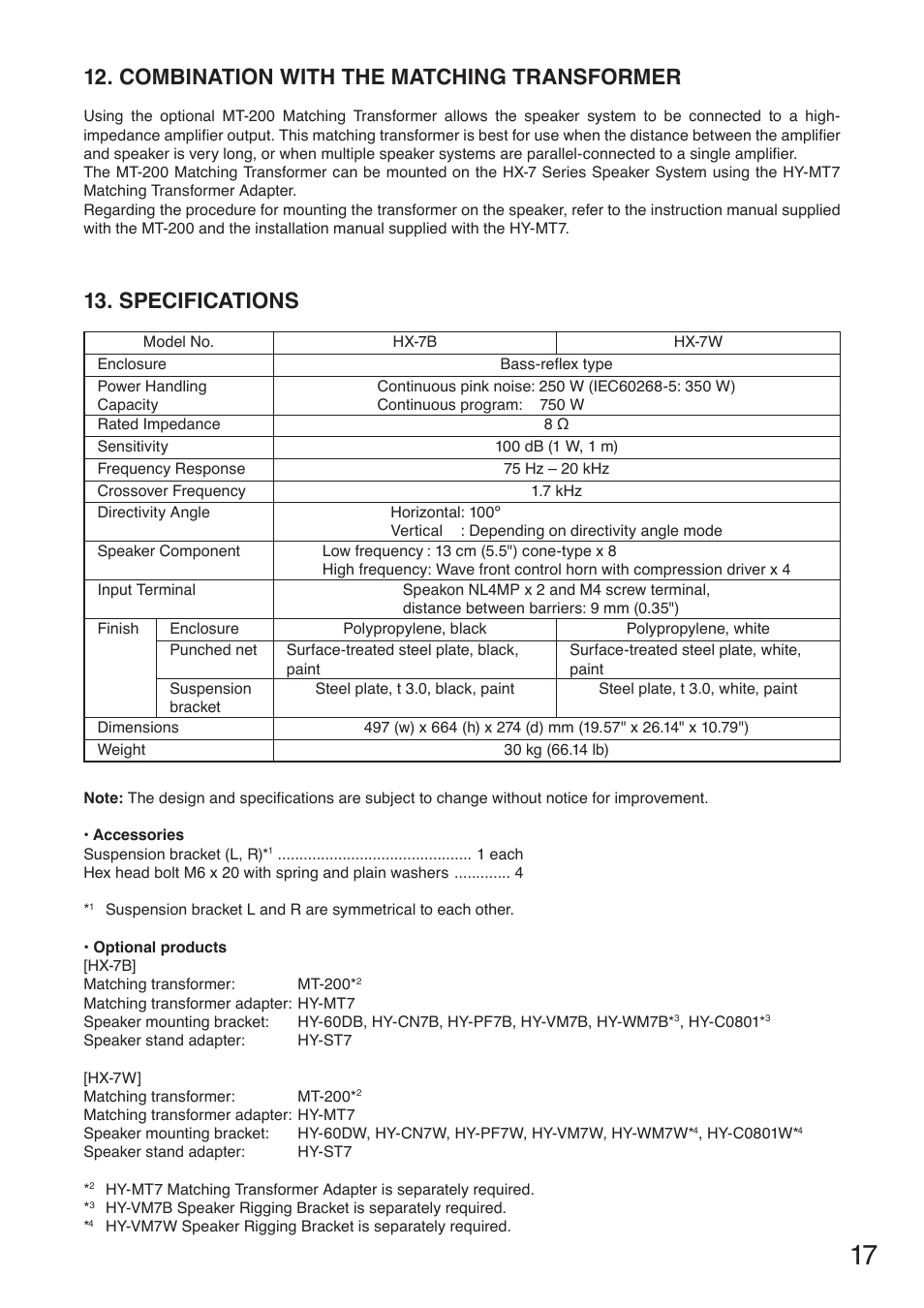Combination with the matching transformer, Specifications | Toa HX-7W-WP User Manual | Page 17 / 20