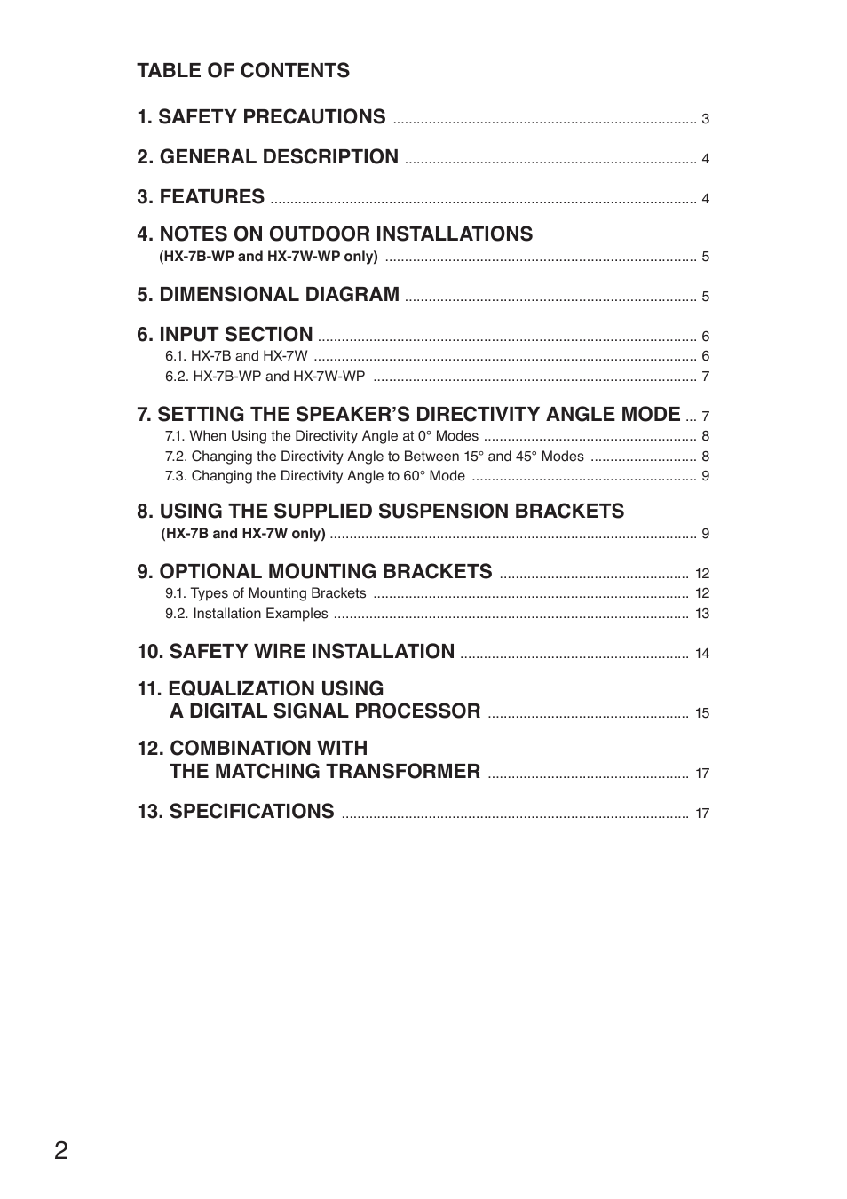 Toa HX-7W-WP User Manual | Page 2 / 20