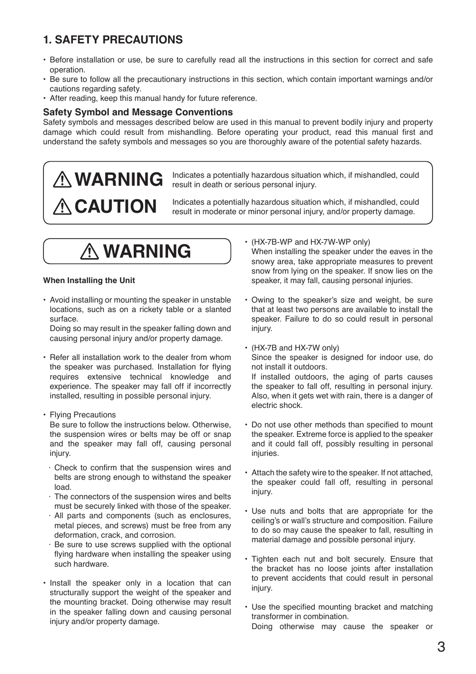 Warning caution, Warning, Safety precautions | Toa HX-7W-WP User Manual | Page 3 / 20