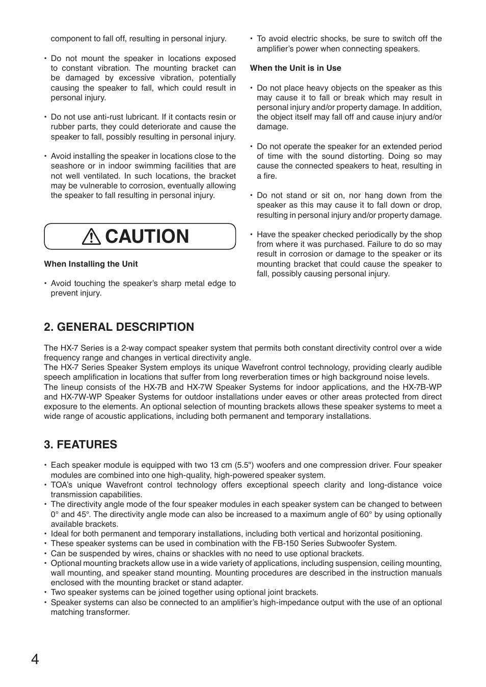 Caution, General description, Features | Toa HX-7W-WP User Manual | Page 4 / 20