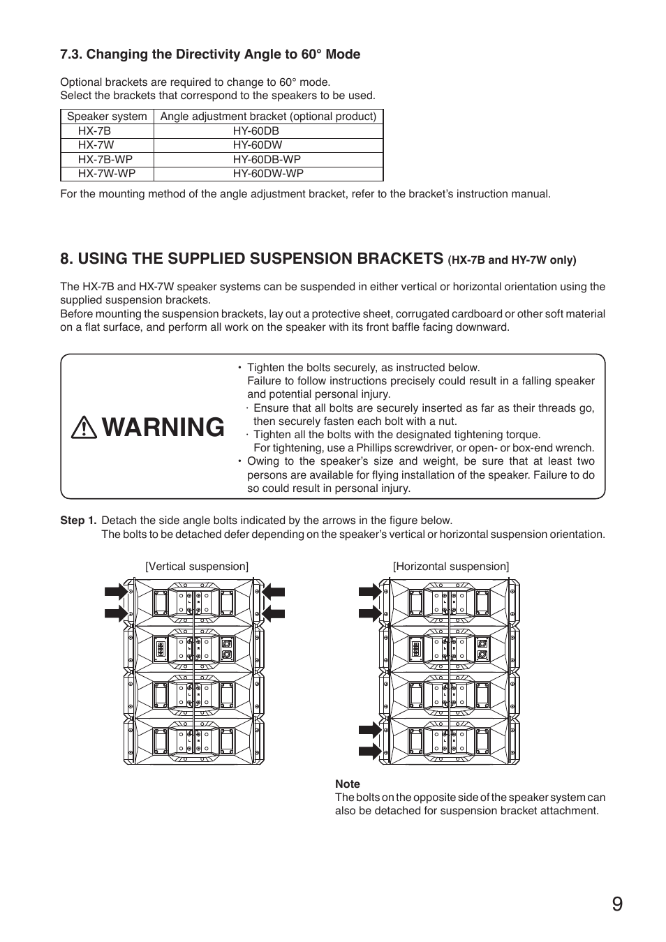 Warning, Using the supplied suspension brackets | Toa HX-7W-WP User Manual | Page 9 / 20