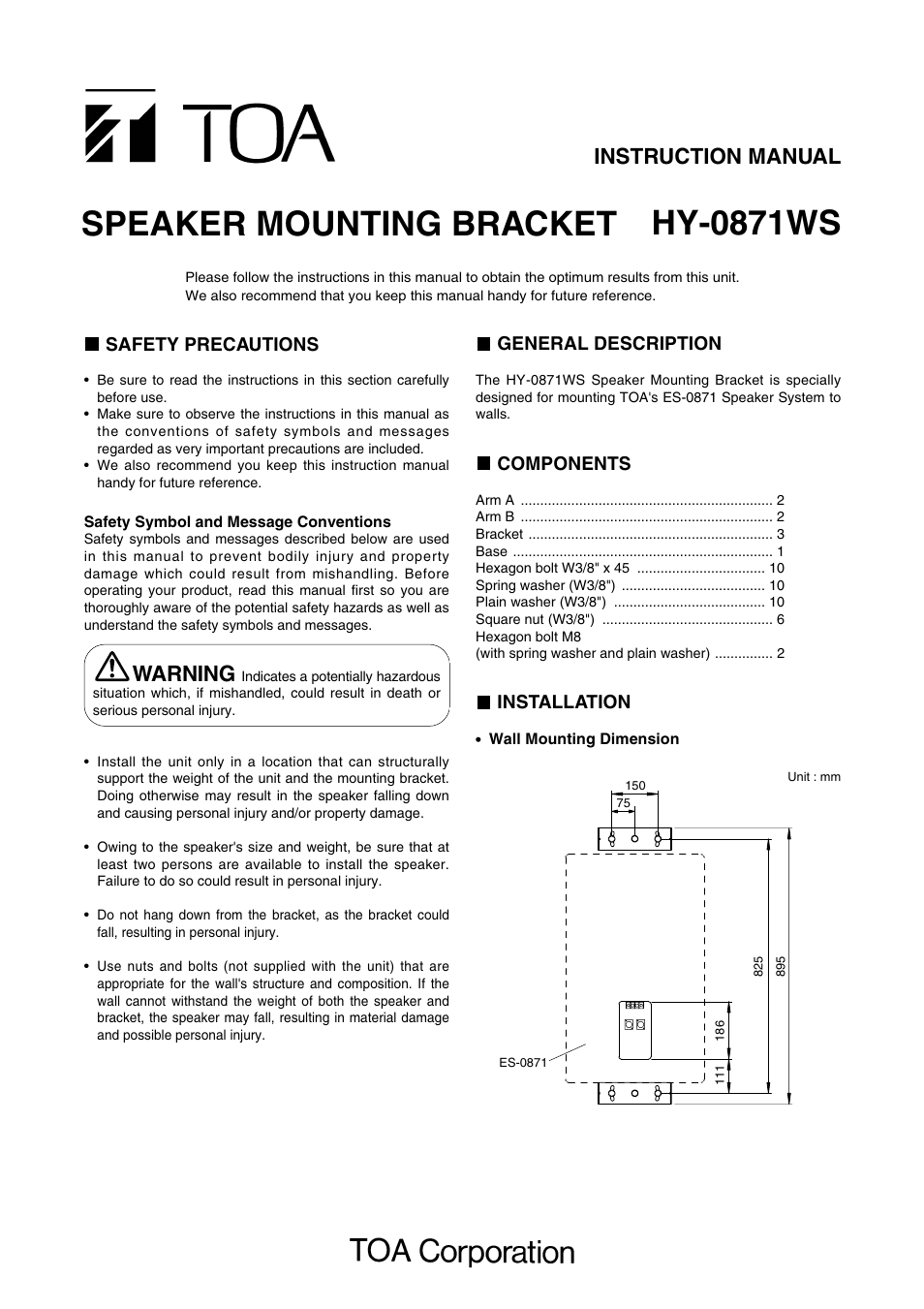 Toa HY-0871WS User Manual | 2 pages