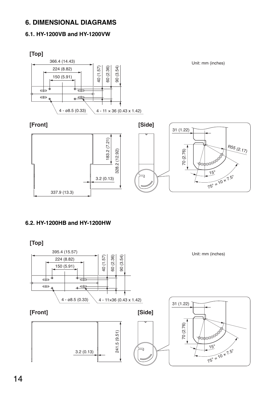 Dimensional diagrams, Top] [front] [side | Toa HY-1500HW User Manual | Page 14 / 16