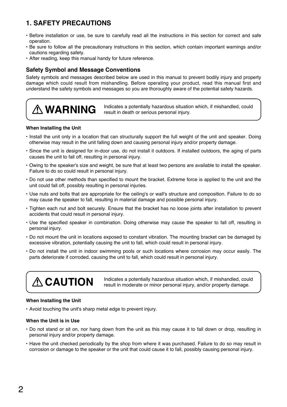 Warning, Caution, Safety precautions | Toa HY-1500HW User Manual | Page 2 / 16