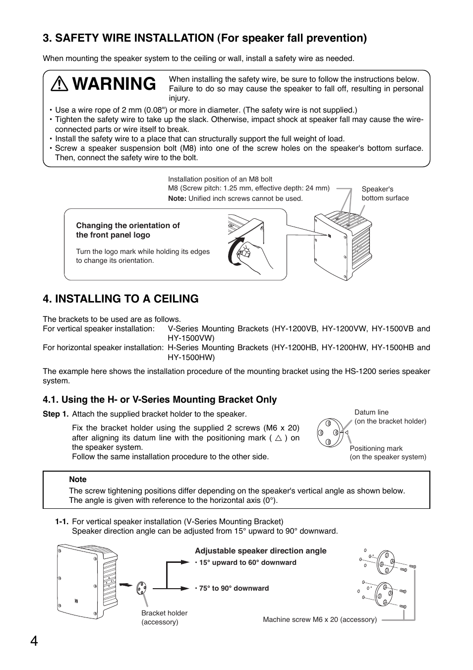 Warning, Installing to a ceiling | Toa HY-1500HW User Manual | Page 4 / 16