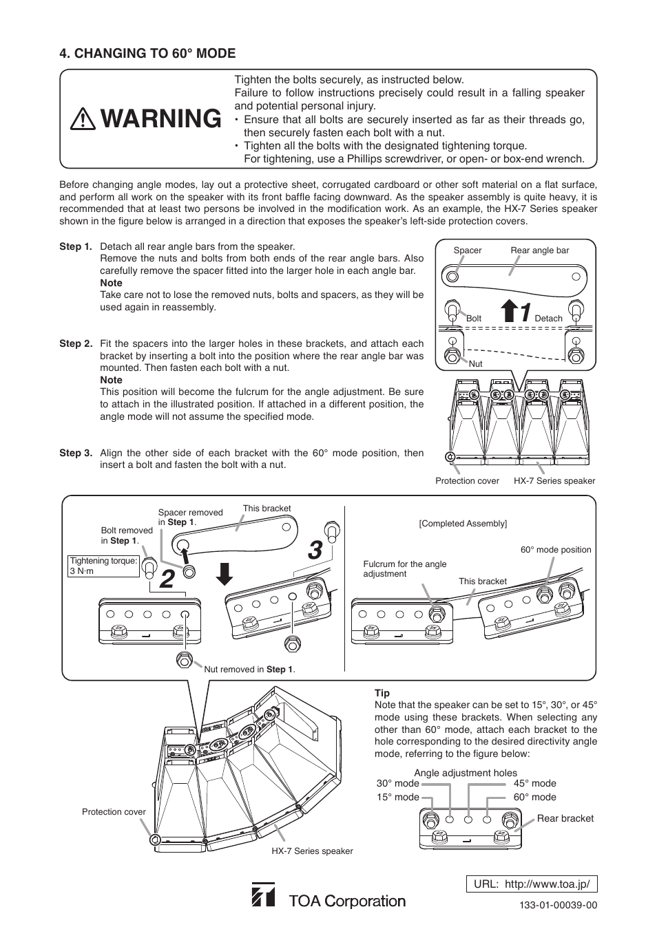 Warning, Changing to 60° mode | Toa HY-60DW-WP User Manual | Page 2 / 2