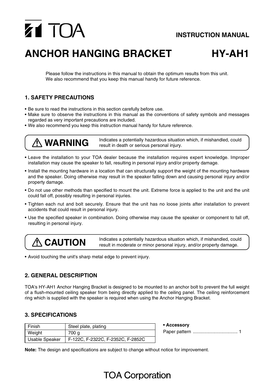 Toa HY-AH1 User Manual | 2 pages