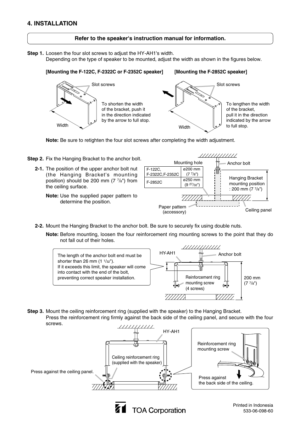 Installation | Toa HY-AH1 User Manual | Page 2 / 2