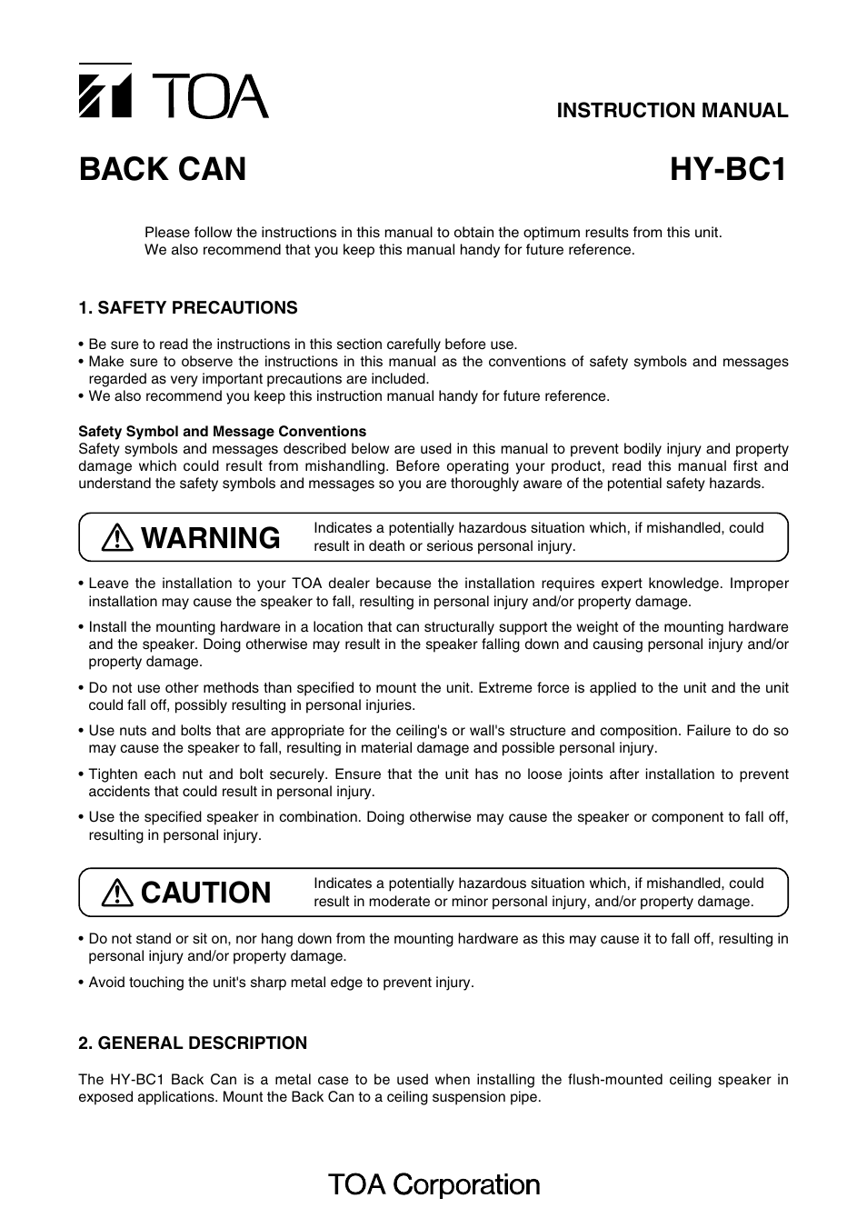 Toa HY-BC1 User Manual | 2 pages