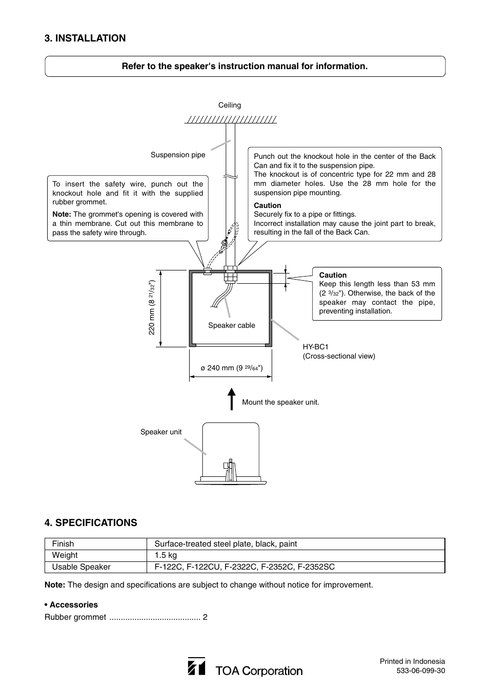 Specifications, Installation | Toa HY-BC1 User Manual | Page 2 / 2