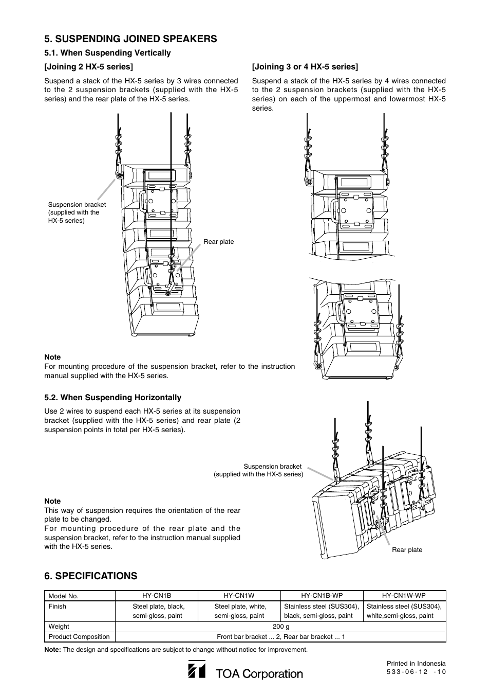 Suspending joined speakers, Specifications | Toa HY-CN1W-WP User Manual | Page 4 / 4